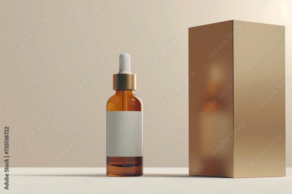 Poster a bottle of liquid placed next to a box. suitable for various uses