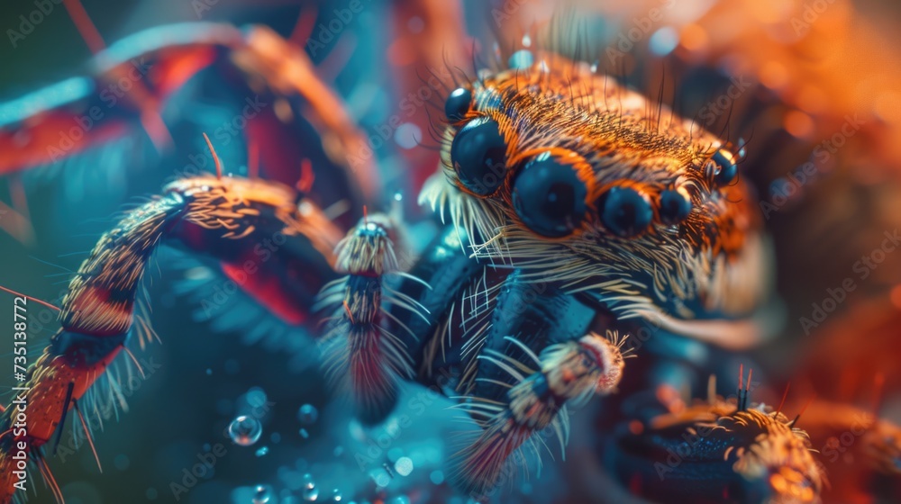 Poster a detailed close-up of a spider covered in glistening water droplets. perfect for nature enthusiasts