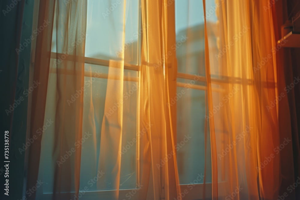 Poster A window with sheer curtains, perfect for adding a touch of elegance and privacy to any room. Versatile and stylish, this image can be used in various design projects