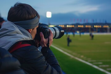 A man capturing a photo of a soccer field. Perfect for sports enthusiasts or photographers looking for dynamic shots. - obrazy, fototapety, plakaty