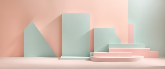 Minimalist pastel-colored podium wall scene with geometric shapes, ideal for product presentations, mockups, and promotional displays - obrazy, fototapety, plakaty