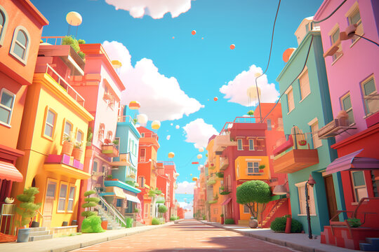 A Vibrant Journey Through a Colorful Town. Fantasy Backdrop Concept Art Realistic Illustration Background Digital Painting CG Artwork Scenery Artwork Serious Book Illustration Generative Ai