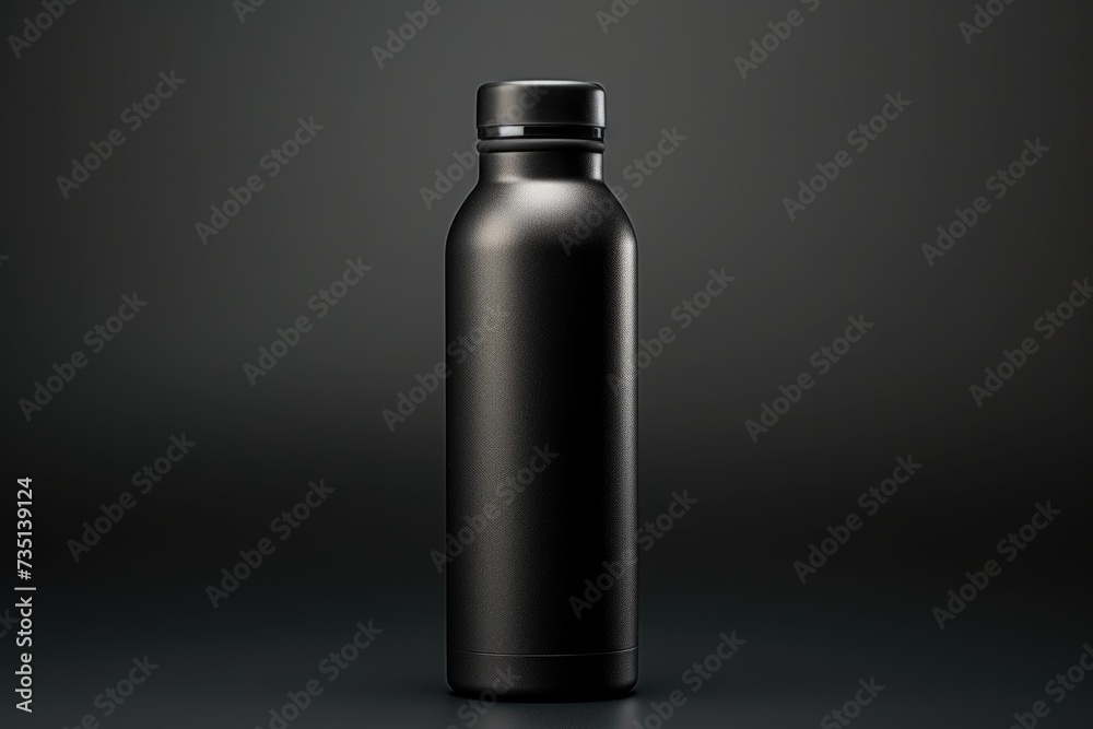 Canvas Prints A black water bottle resting on a dark surface. Suitable for fitness, hydration, and health-related concepts