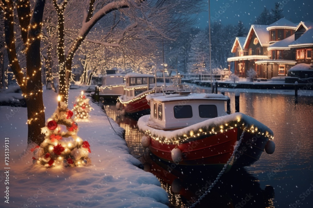 Aufkleber a row of boats covered in snow next to a tree. can be used to depict a winter landscape or a serene 