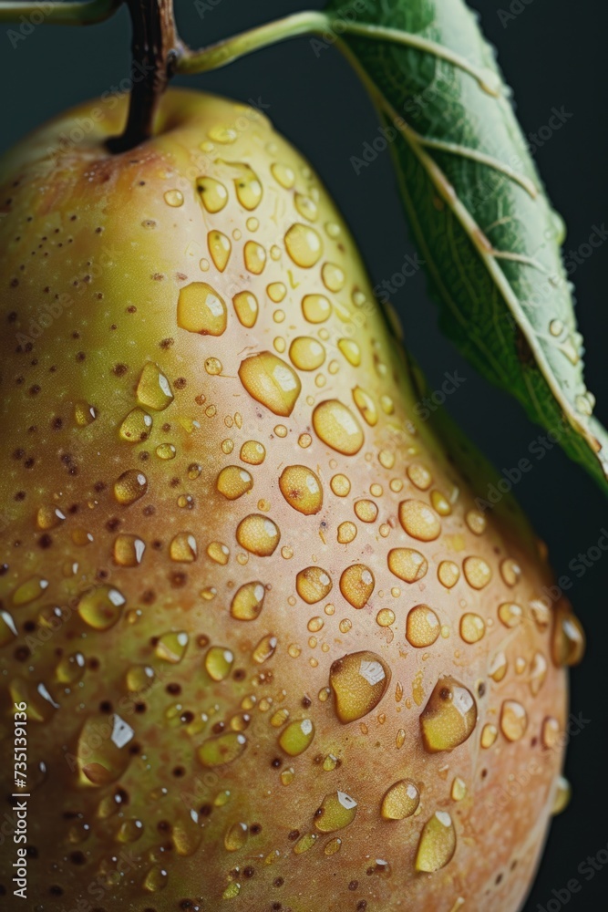 Poster a detailed close-up view of a pear with water droplets, showcasing its freshness. ideal for food and
