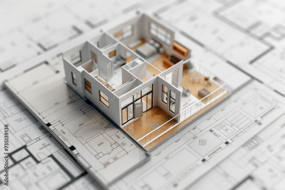 Aufkleber a model of a house placed on top of blueprints. this image can be used to represent architectural de