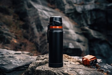A black water bottle is sitting on top of a rock. This versatile image can be used for various purposes