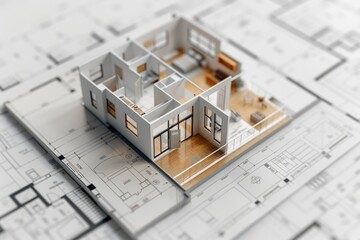 A model of a house placed on top of blueprints. This image can be used to represent architectural design, construction plans, or real estate projects - obrazy, fototapety, plakaty