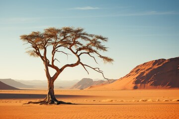 A picture of a lone tree standing in the middle of a vast desert. Suitable for various uses