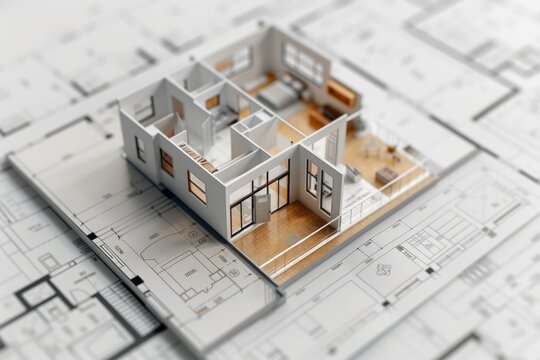 A model of a house placed on top of blueprints. This image can be used to represent architectural design, construction plans, or real estate projects