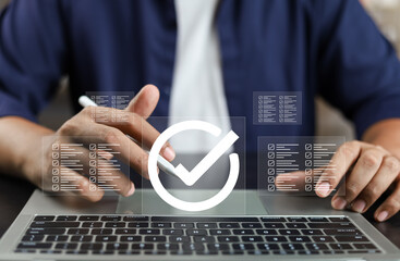 Digital business performance monitoring survey filling with tablet and laptop, Businessman enhancing business performance with comprehensive online survey checklist, Technology in education learning.