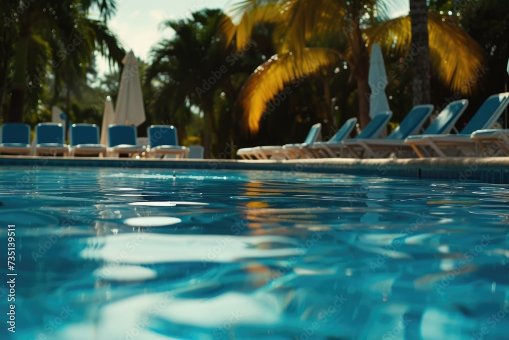 Poster A picture of a pool with lounge chairs and umbrellas in the background. Perfect for showcasing a relaxing and sunny vacation destination
