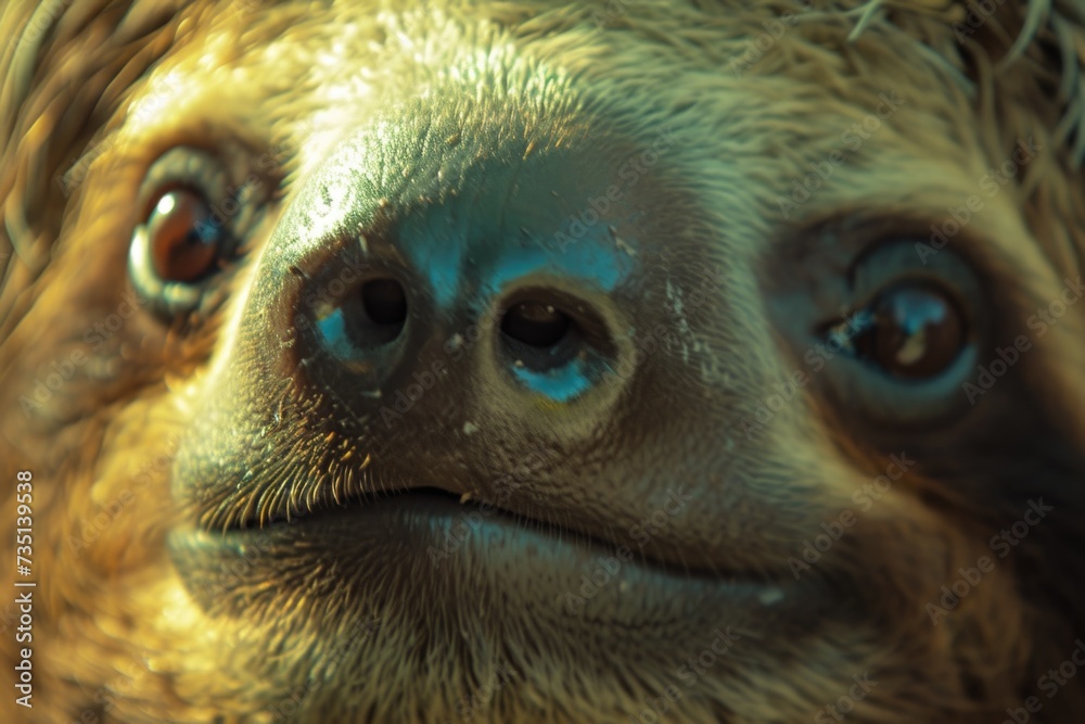 Aufkleber A close-up view of a sloth's face with a blurred background. This image can be used to depict the unique features and expressions of sloths. Ideal for nature, wildlife, and animal-themed projects
