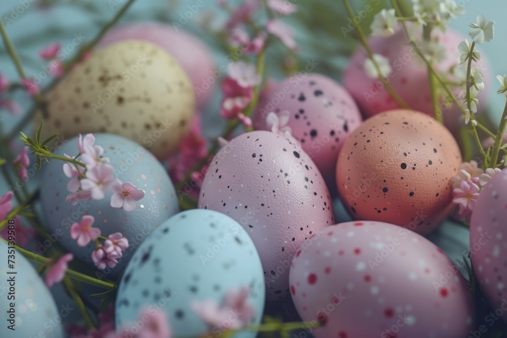 Poster a close-up view of a bunch of eggs with flowers. perfect for easter-themed designs and spring-relate