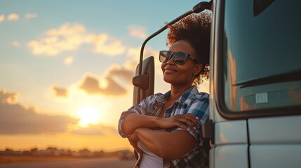 Female professional truck driver looking at camera. With a smile on her face, the driver presents her truck, a symbol of transportation's impact.