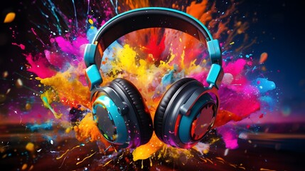 Headphones over Neon splashing wih vibrant colours, dynamic music blaster
