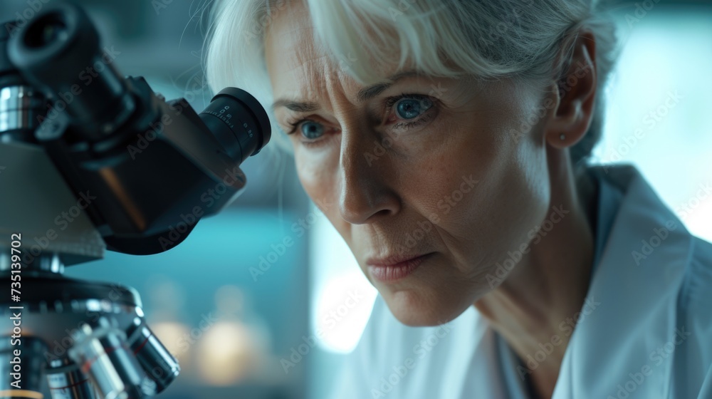 Poster A woman is seen looking through a microscope, examining something closely. This image can be used to illustrate scientific research, laboratory work, or education