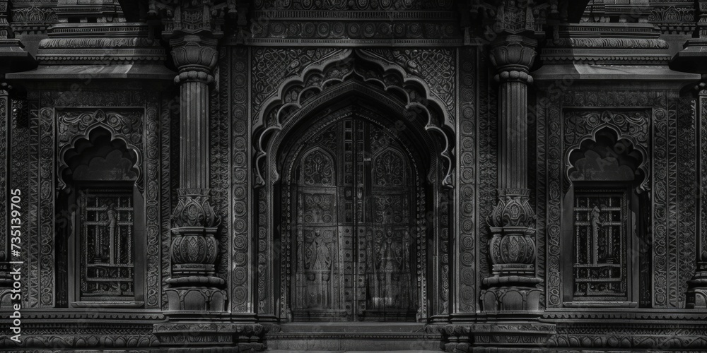Poster An elegant and intricate building captured in a black and white photograph. Perfect for adding a touch of sophistication to any project