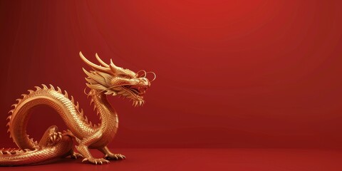 Obraz premium Golden dragon on red background with copy space for happy chinese new year