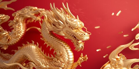 Fototapeta premium Golden dragon on red background with copy space for happy chinese new year