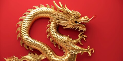 Golden dragon on red background with copy space for happy chinese new year
