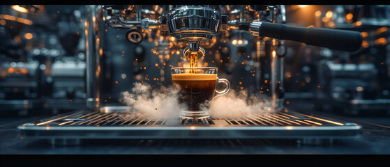 Espresso machine brewing a fresh cup of coffee, concept of morning energy and professional barista work, closeup of caffeine preparation - obrazy, fototapety, plakaty