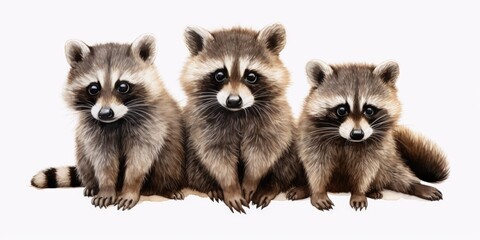 Obraz premium Three raccoons sitting next to each other on a white surface. Perfect for animal lovers or nature-themed designs