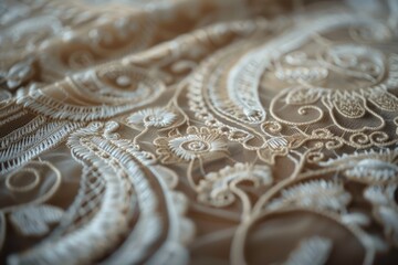 A detailed shot of a wedding dress displayed on a bed. Perfect for bridal fashion blogs and wedding planning websites
