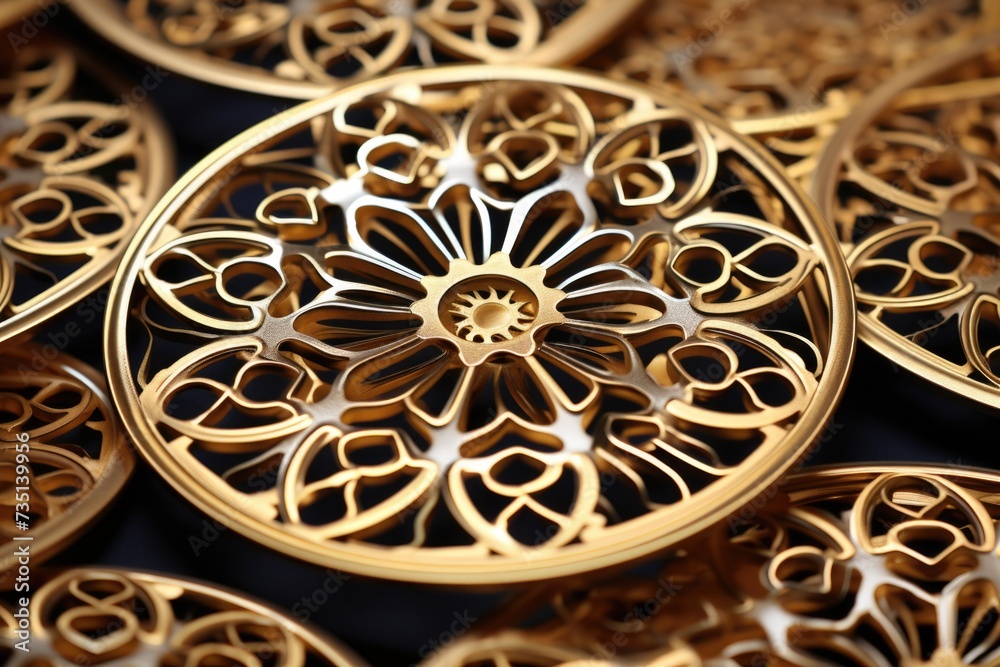 Poster A close-up view of a bunch of gold circles. This image can be used for various design projects