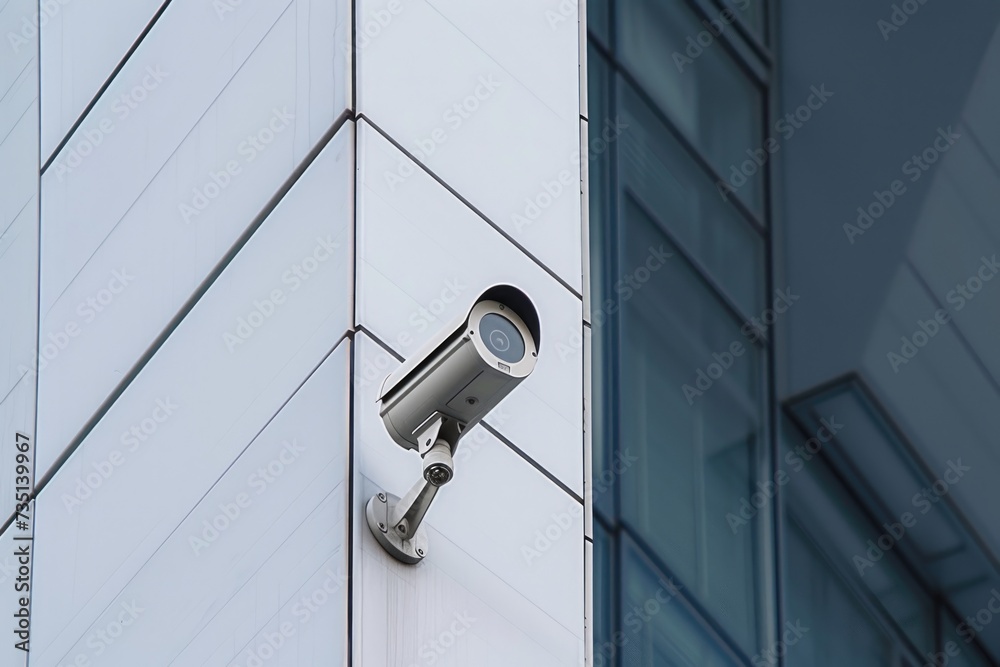 Poster A security camera mounted on the side of a building. Can be used to monitor and ensure safety in various locations