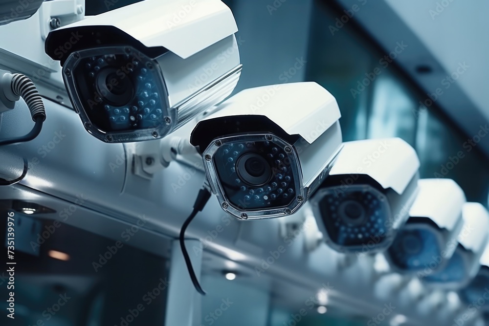 Poster A row of surveillance cameras mounted on the side of a building. Can be used for security concepts or to depict surveillance