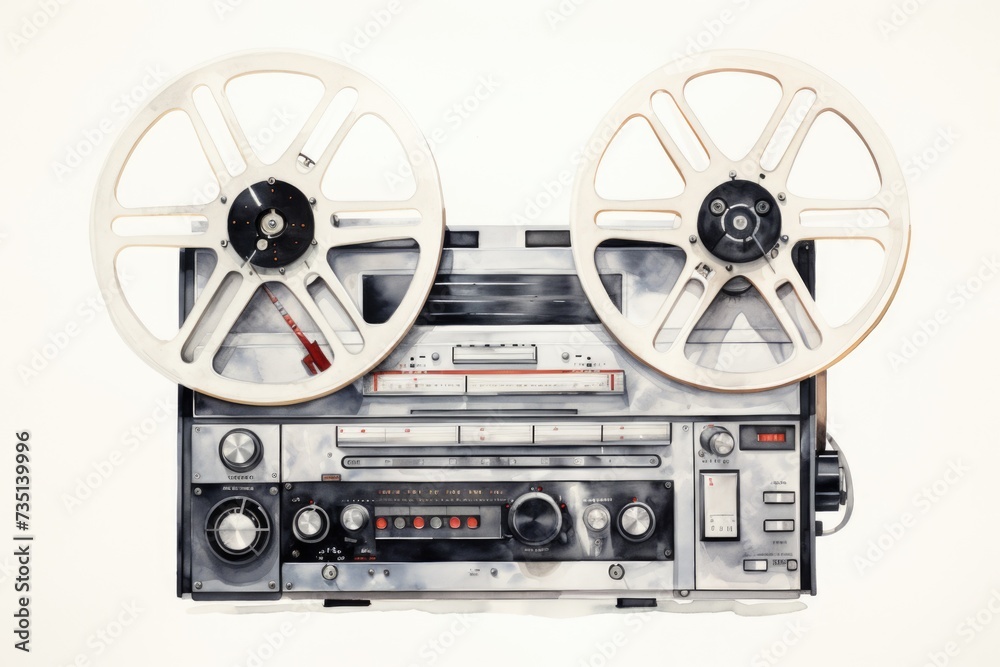 Poster a drawing of a tape recorder with two reels. can be used to illustrate the concept of audio recordin