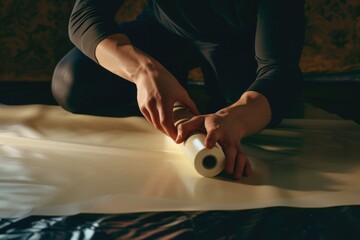 Woman wrapping a roll of toilet paper. Can be used for household cleaning or DIY projects - obrazy, fototapety, plakaty