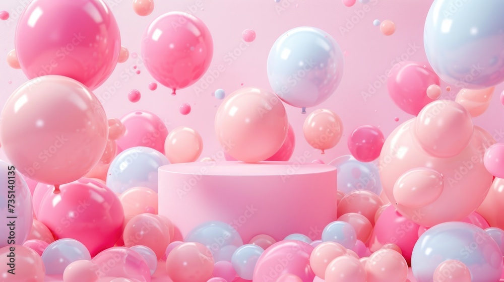 Poster a white pedestal is surrounded by an abundance of pink and blue balloons. this image can be used to 