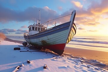 A boat sitting on top of a sandy beach. Perfect for coastal and beach-themed designs