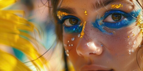 A close-up view of a person wearing blue and yellow makeup. This image can be used for various creative projects and makeup tutorials