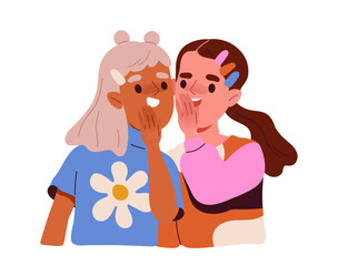 Happy kid concept. Two girls in casual clothes. Positivity and optimism. Friendship between schoolchildren. Graphic element for website. Cartoon flat vector illustration isolated on white background