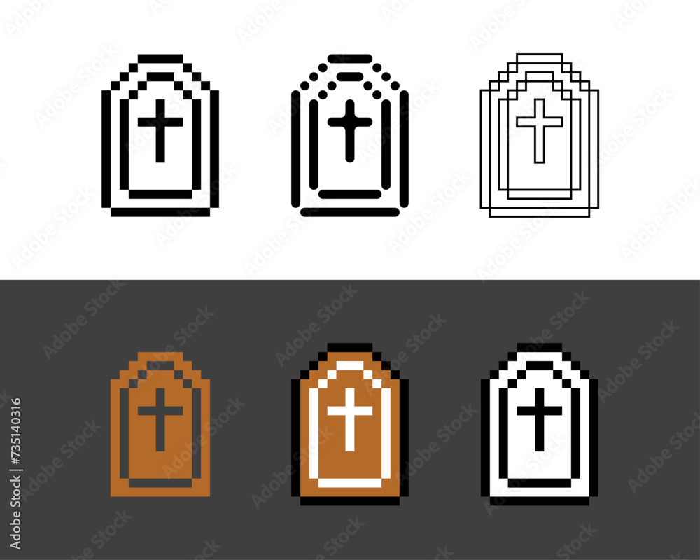 Poster pixel art outline sets icon of grave in variation color. rest in peace icon on pixelated style. 8bit