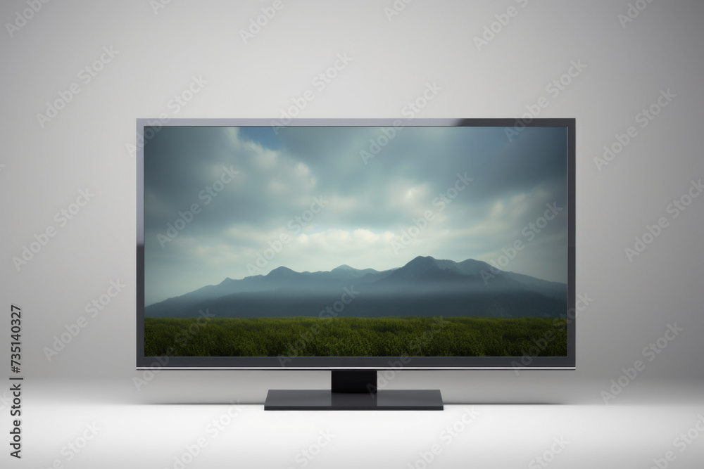 Poster a flat screen tv placed on top of a stand. suitable for various home entertainment setups