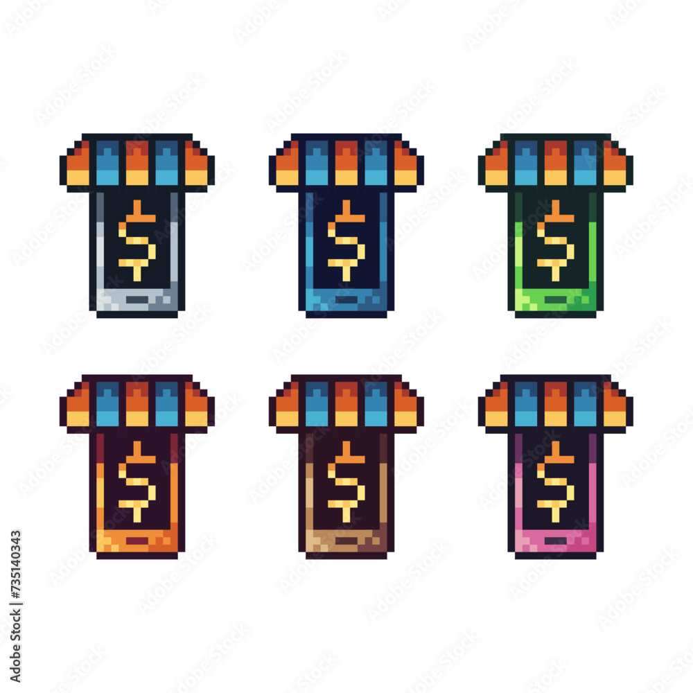 Poster pixel art sets icon of phone shop in variation color.phone shop icon on pixelated style. 8bits perfe