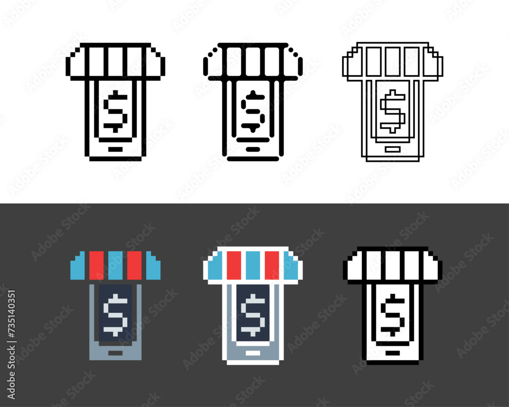 Poster pixel art outline sets icon of phone shop in variation color.phone shop icon on pixelated style. 8bi