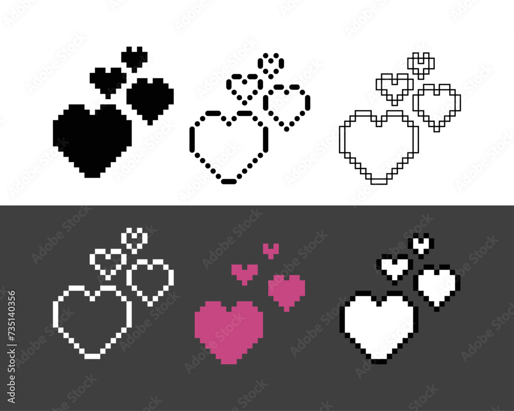Poster Pixel art outline sets icon of heart in variation color.Heart icon on pixelated style. 8bits perfect for game asset or design asset element for your game design. Simple pixel art icon asset.