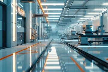 Fototapeta premium A modern factory with CNC milling machines. A bright ultra clean organized production factory or plant. DX, industry 4.0 concept