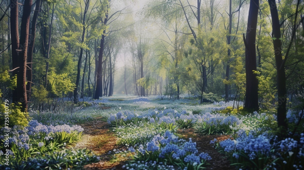 Poster A painting depicting a path through a serene forest. Perfect for adding a touch of nature to any space