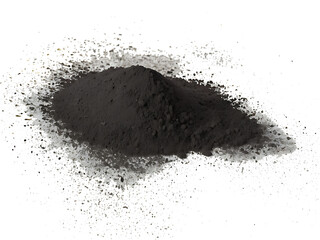 Pile of black dust scattered on white background, top