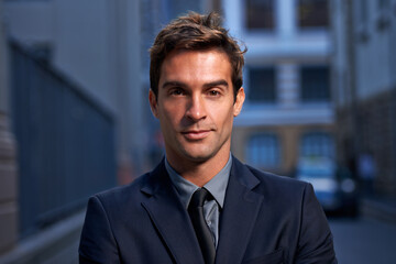 Fototapeta premium City, evening and portrait of business man on commute for career, working or job in urban town. Professional, corporate worker and face of person at night with confidence, pride and serious in London