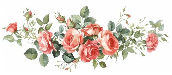 Poster Beautiful bouquet of vivid red roses with lush green leaves for romantic and special occasions © AkuAku
