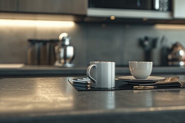 Obraz premium A simple and inviting scene of a cup of coffee sitting on top of a kitchen counter. Perfect for illustrating morning routines, coffee breaks, or cozy home environments