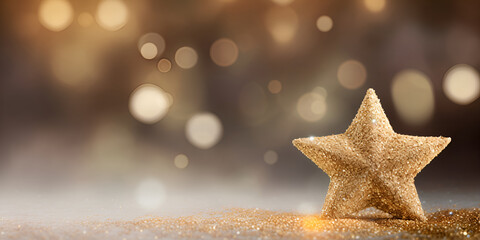 golden christmass star on the background of the snow. Festive decoration on bokeh silver...