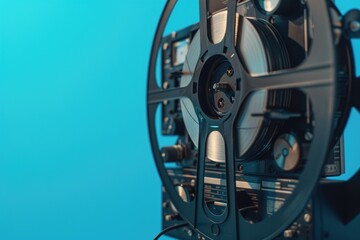 Movie projector in close up on a blue background. Perfect for film industry and cinema-related designs